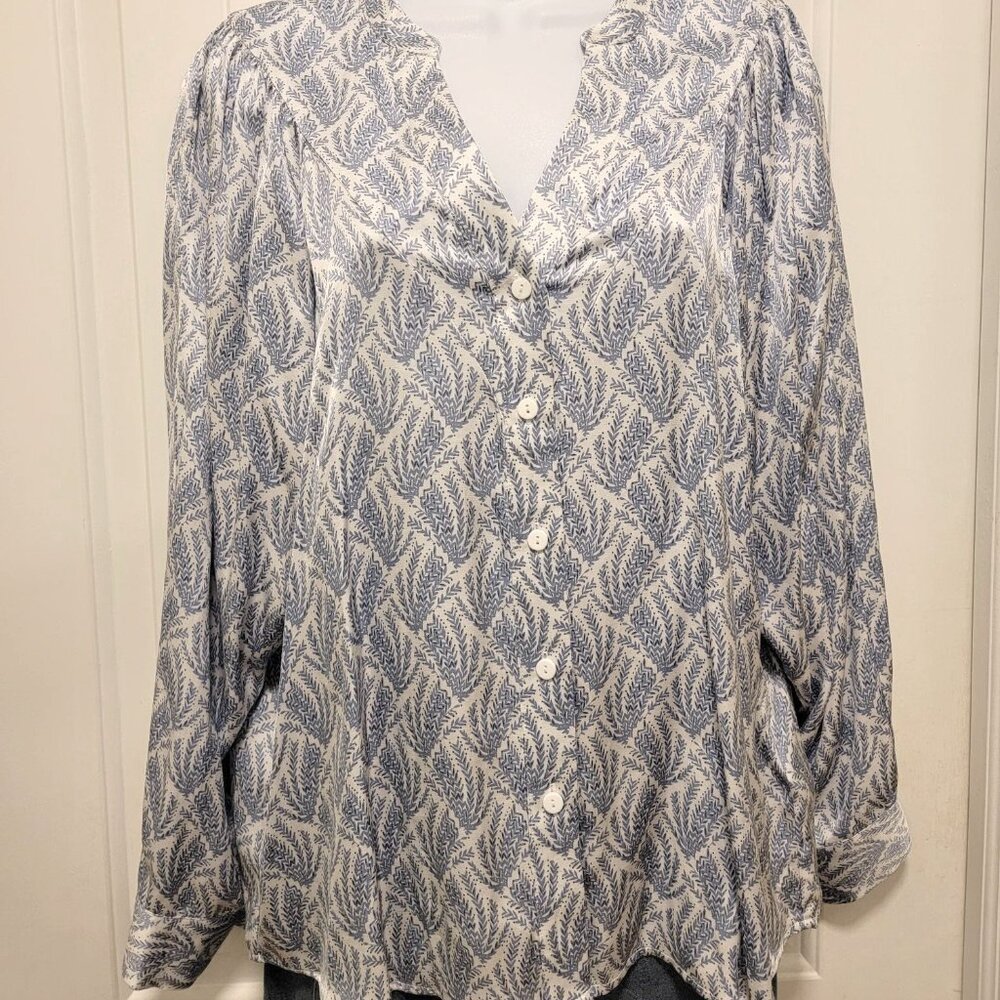 NWT ESQUALO Baby Blue Leaf Print Gathered Blouse Women’s 10
